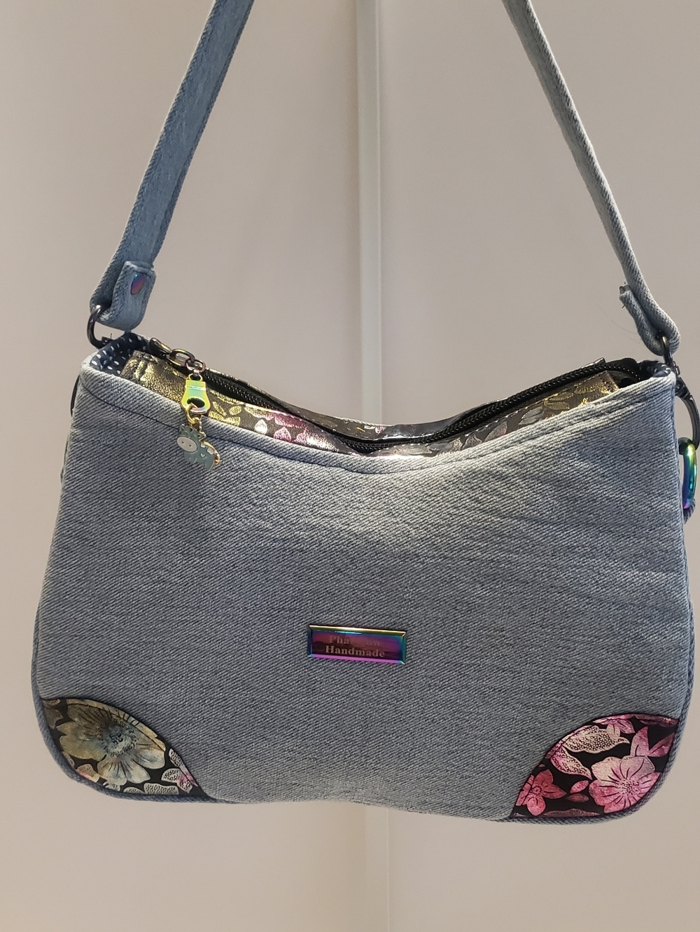 Handmade Denim And Cotton Mini Shoulder Bag in Light Blue